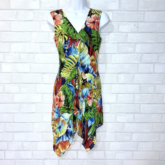 VTG Betsy Johnson Y2K Floral Silk Dress Small Asymmetric Tropical Statement  Bold